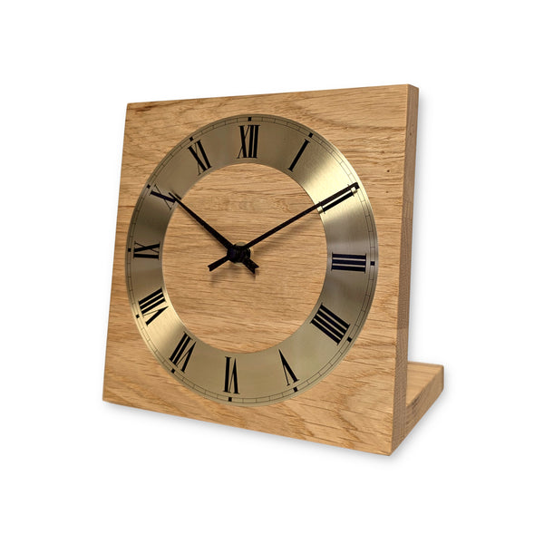 Natuhr Tischuhr Eiche geölt Holz - Knick - Massivholz Design - goldener Metall Zahlenreif