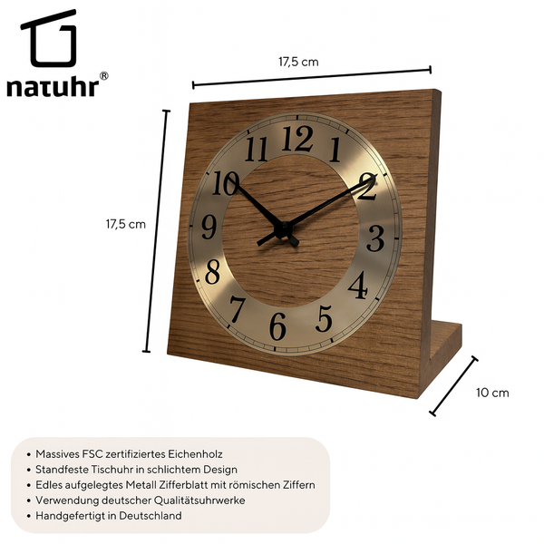 Natuhr Tischuhr Eiche rustikel dunkel geölt Holz - Knick - Massivholz Design - goldener Metall Zahlenreif