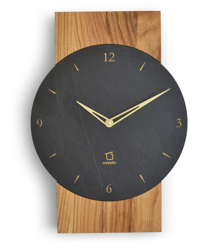 Natuhr Schiefer Wanduhr Steineiche Eiche geölt schwarzer Stein goldene Zeiger